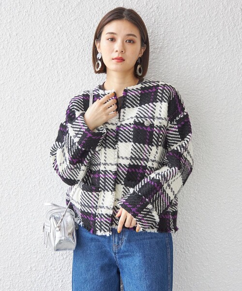 John branigan（ジョンブラニガン）の「【SHIPS別注】John branigan:ツイード 羽織り ジャケット ◇（ノーカラージャケット・レディース・オリーブ/オフホワイト/ベージュ・ONE SIZE）」の18枚目の写真