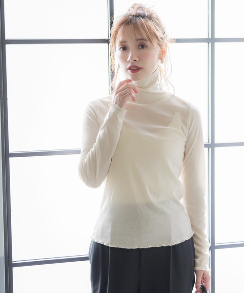 セール】メロウ加工シースルータートルネックカットソー（T