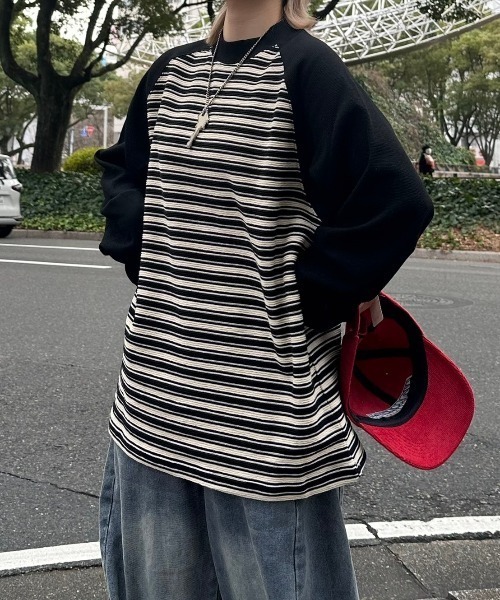 MODITEC(モディテック)の「韓国風 ファッション MODITEC モディテック M stripes inserted long sleeves 長袖 トップス ボーダートップス モノクロ オーバーサイズ ストリートファッション(Tシャツ/カットソー・メンズ・ブラック・M/L)」の10枚目の写真