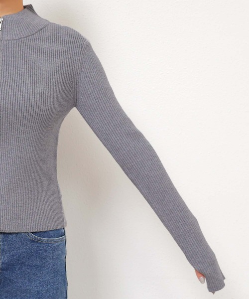 セール】吸湿/発熱ダブルジップ長袖リブニットトップスカーディガン