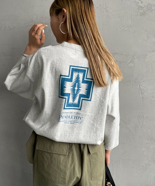 【  Jeans】縦型バックプリントTシャツ ブルー PENDLETON(ペンドルトン)×JEANS FACTORY」1枚で決まる別注T