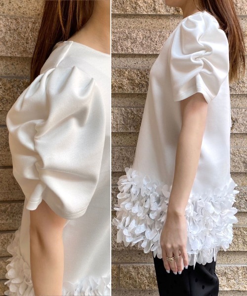 DONOBAN（ドノバン）の「ギャザースリーブフラワートップス（Tシャツ/カットソー・レディース・ブラック/ホワイト・FREE）」の13枚目の写真