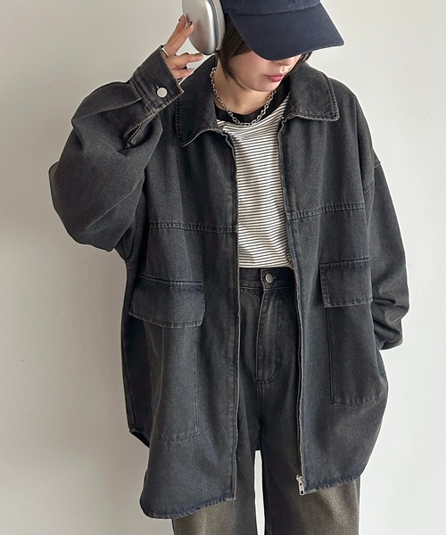 apres jour mignon（アプレジュールミニョン）の「デニムオーバージャケット【ZOZOTOWN限定アイテム】（デニムジャケット・レディース・ダークブルー/インディゴブルー/サックスブルー/ブラック系その他・フリー/X-LARGE）」の12枚目の写真