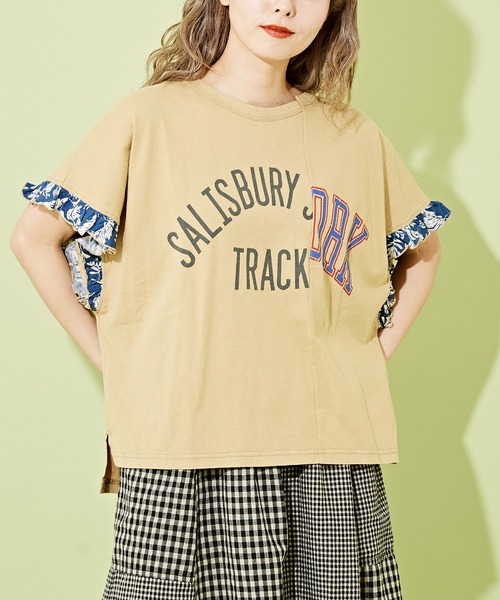 CUBE SUGAR（キューブシュガー）の「パウダー加工リメイク風袖口フリルTシャツ（Tシャツ/カットソー・レディース・マルチ/ベージュ/レッド/スミクロ・M）」の3枚目の写真