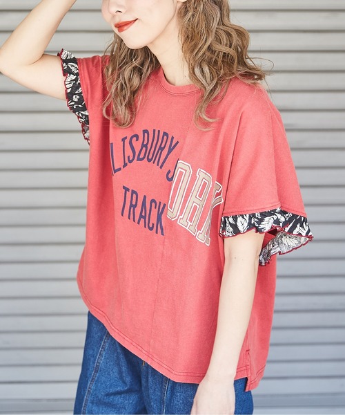 CUBE SUGAR（キューブシュガー）の「パウダー加工リメイク風袖口フリルTシャツ（Tシャツ/カットソー・レディース・マルチ/ベージュ/レッド/スミクロ・M）」の4枚目の写真