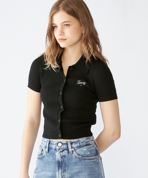 TOMMY HILFIGER(トミーヒルフィガー)の「リブスプリクトショートスリーブポロカーディガン(カーディガン/ボレロ・レディース・ホワイト/ブラック・SMALL/X-SMALL)」の2枚目の写真