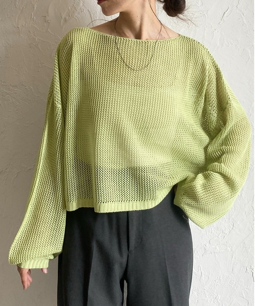 She's Closet（シーズクローゼット）の「透かし編み 長袖ショート丈シアー シースルー メッシュニット プルオーバートップス（ニット/セーター・レディース・アイボリー/ブラック/ベージュ/グリーン・FREE）」の4枚目の写真