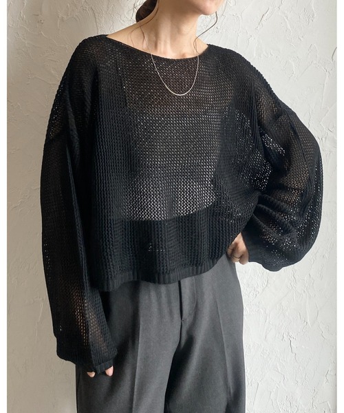 She's Closet（シーズクローゼット）の「透かし編み 長袖ショート丈シアー シースルー メッシュニット プルオーバートップス（ニット/セーター・レディース・アイボリー/ブラック/ベージュ/グリーン・FREE）」の5枚目の写真