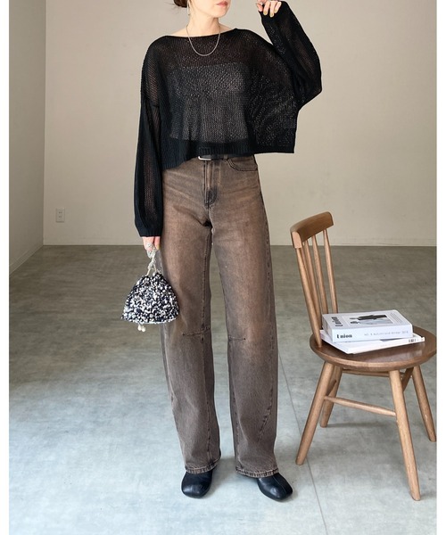 She's Closet（シーズクローゼット）の「透かし編み 長袖ショート丈シアー シースルー メッシュニット プルオーバートップス（ニット/セーター・レディース・アイボリー/ブラック/ベージュ/グリーン・FREE）」の10枚目の写真