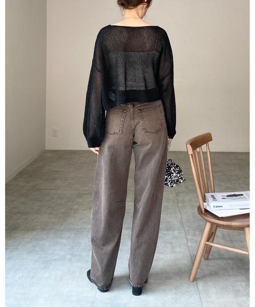 She's Closet（シーズクローゼット）の「透かし編み 長袖ショート丈シアー シースルー メッシュニット プルオーバートップス（ニット/セーター・レディース・アイボリー/ブラック/ベージュ/グリーン・FREE）」の12枚目の写真