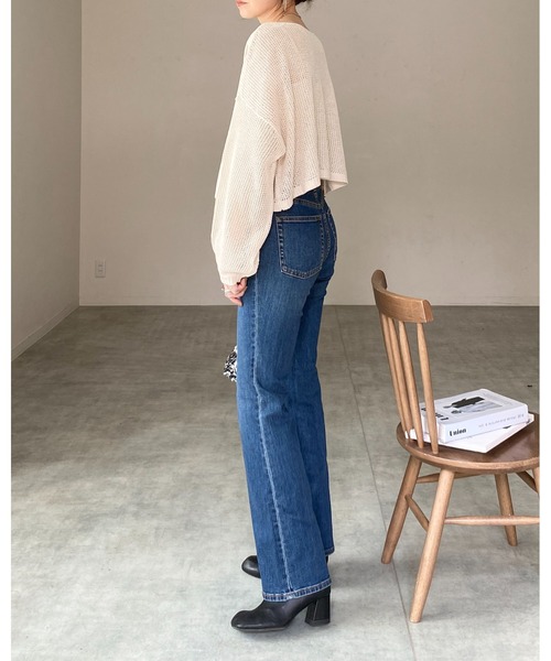 She's Closet（シーズクローゼット）の「透かし編み 長袖ショート丈シアー シースルー メッシュニット プルオーバートップス（ニット/セーター・レディース・アイボリー/ブラック/ベージュ/グリーン・FREE）」の14枚目の写真