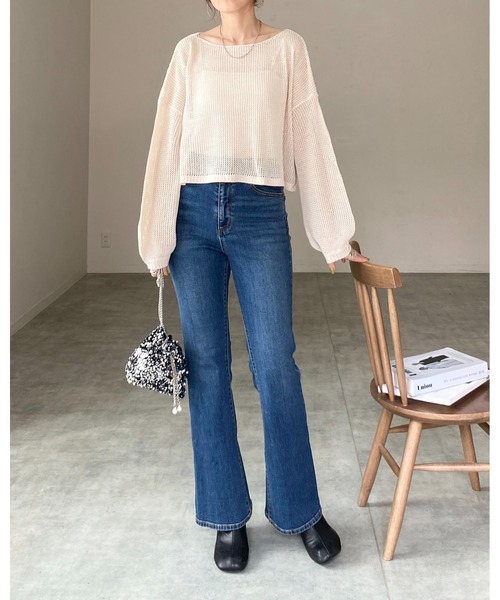 She's Closet（シーズクローゼット）の「透かし編み 長袖ショート丈シアー シースルー メッシュニット プルオーバートップス（ニット/セーター・レディース・アイボリー/ブラック/ベージュ/グリーン・FREE）」の16枚目の写真