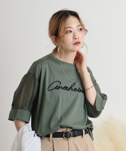 Anna Nicola（アンナニコラ）の「Anna Nicola コード刺繍ロゴ 袖シアープルオーバー（Tシャツ/カットソー・レディース・ブラック/オフホワイト/チャコールグレー/グリーン・38）」の4枚目の写真