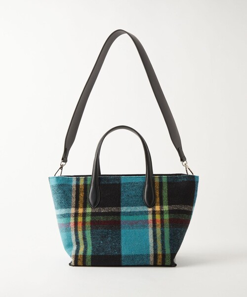 【美品】green label relaxingトートバッグ ネイビ（チェック） シボ レザーライク ジップ トート バッグ （トートバッグ
