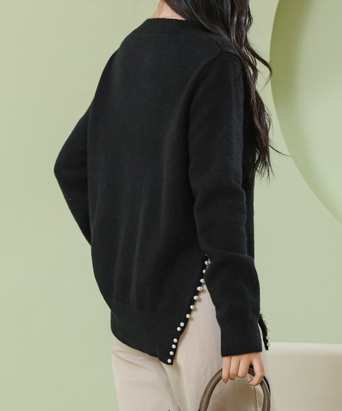 セール】サイドスリット パール付き クルーネック ニット プルオーバー