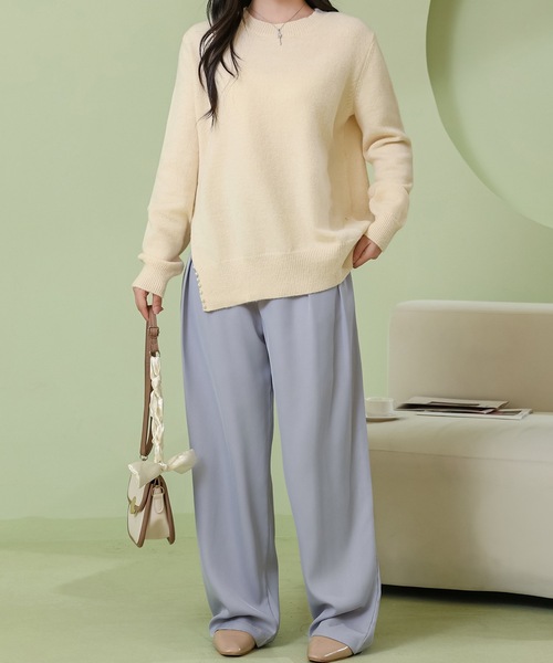Lace Ladies(レースレディース)の「サイドスリット パール付き クルーネック ニット プルオーバー(ニット/セーター・レディース・ブラック/アイボリー/グレイッシュベージュ/ブルー・FREE)」の17枚目の写真
