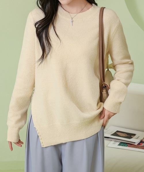 Lace Ladies(レースレディース)の「サイドスリット パール付き クルーネック ニット プルオーバー(ニット/セーター・レディース・ブラック/アイボリー/グレイッシュベージュ/ブルー・FREE)」の18枚目の写真