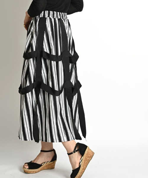 セール】モノトーンストライプ ウエストゴム モードフレアロング