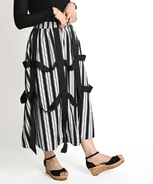 セール】モノトーンストライプ ウエストゴム モードフレアロング