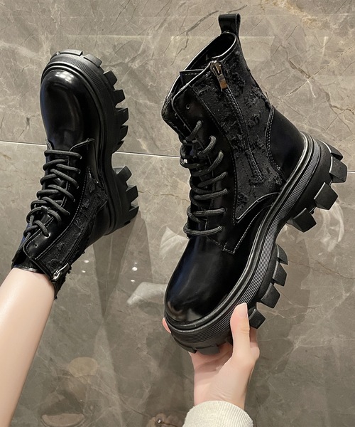 ZARA レザー厚底レースアップブーツ　トラックソール　24㎝ ZARA ブーツ レースアップ 厚底 トラックソール クリアソール