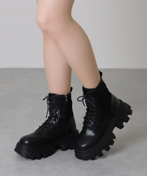 セール】レザー調 厚底 レースアップ ショート ブーツ（ブーツ