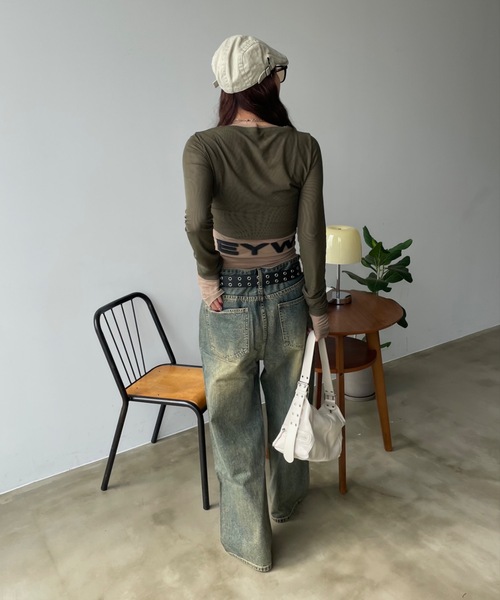 SHAGGIE(シャギー)の「シアーチュールレイヤードロングスリーブトップス(Tシャツ/カットソー・レディース・ブラック/ボルドー/ベージュ・FREE)」の9枚目の写真