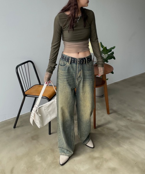 SHAGGIE(シャギー)の「シアーチュールレイヤードロングスリーブトップス(Tシャツ/カットソー・レディース・ブラック/ボルドー/ベージュ・FREE)」の8枚目の写真
