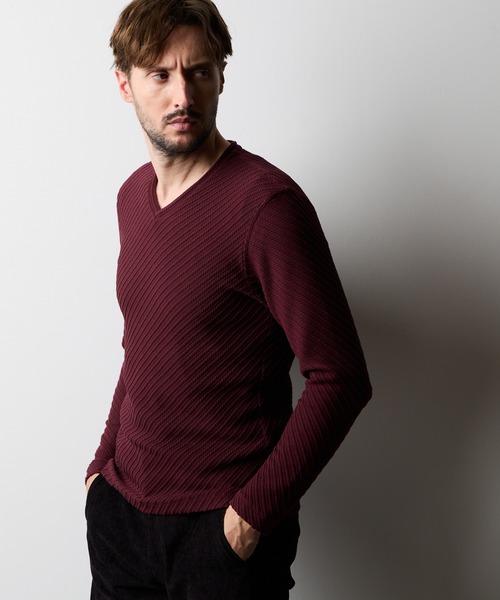 HIDEAWAYS NICOLE（ハイダウェイニコル）の「バイヤスケーブルブリスターVネックプルオーバー（Tシャツ/カットソー・メンズ・ボルドー/オフホワイト/ブラック・MEDIUM/LARGE/X-LARGE）」の3枚目の写真