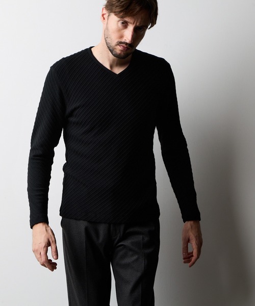 HIDEAWAYS NICOLE（ハイダウェイニコル）の「バイヤスケーブルブリスターVネックプルオーバー（Tシャツ/カットソー・メンズ・ボルドー/オフホワイト/ブラック・MEDIUM/LARGE/X-LARGE）」の2枚目の写真