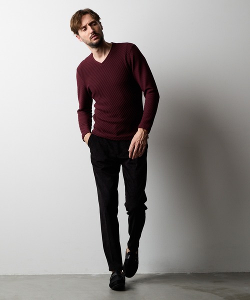 HIDEAWAYS NICOLE（ハイダウェイニコル）の「バイヤスケーブルブリスターVネックプルオーバー（Tシャツ/カットソー・メンズ・ボルドー/オフホワイト/ブラック・MEDIUM/LARGE/X-LARGE）」の4枚目の写真