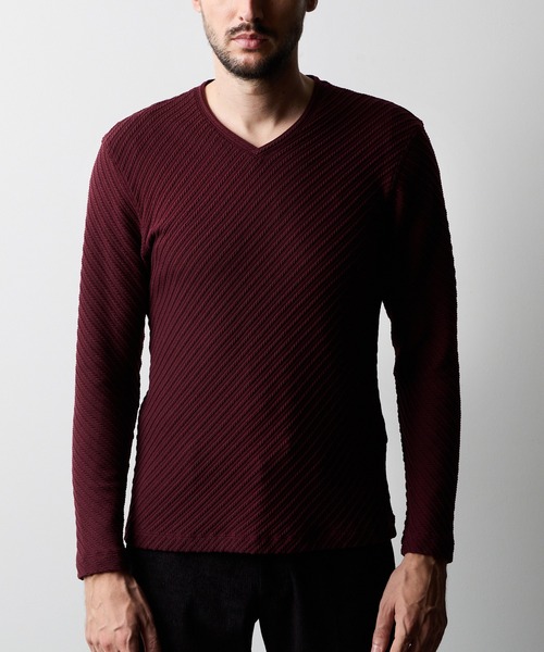 HIDEAWAYS NICOLE（ハイダウェイニコル）の「バイヤスケーブルブリスターVネックプルオーバー（Tシャツ/カットソー・メンズ・ボルドー/オフホワイト/ブラック・MEDIUM/LARGE/X-LARGE）」の7枚目の写真