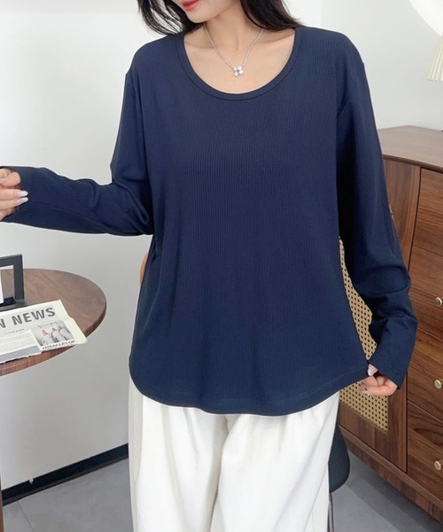 aimoha（アイモハ）の「ロングスリーブリブトップス（Tシャツ/カットソー・レディース・ベージュ/ホワイト/ワインレッド/グレー/ブラック/ネイビー・FREE）」の5枚目の写真