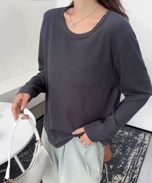 aimoha（アイモハ）の「ロングスリーブリブトップス（Tシャツ/カットソー・レディース・ベージュ/ホワイト/ワインレッド/グレー/ブラック/ネイビー・FREE）」の3枚目の写真