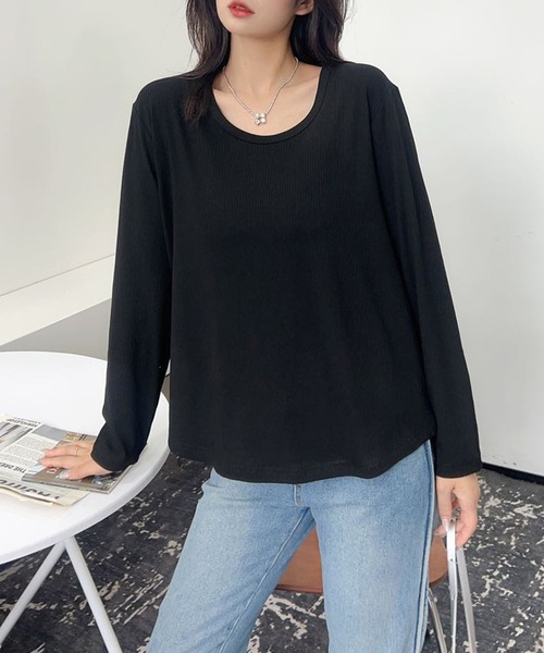 aimoha（アイモハ）の「ロングスリーブリブトップス（Tシャツ/カットソー・レディース・ベージュ/ホワイト/ワインレッド/グレー/ブラック/ネイビー・FREE）」の2枚目の写真