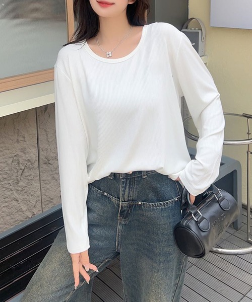 aimoha（アイモハ）の「ロングスリーブリブトップス（Tシャツ/カットソー・レディース・ベージュ/ホワイト/ワインレッド/グレー/ブラック/ネイビー・FREE）」の14枚目の写真