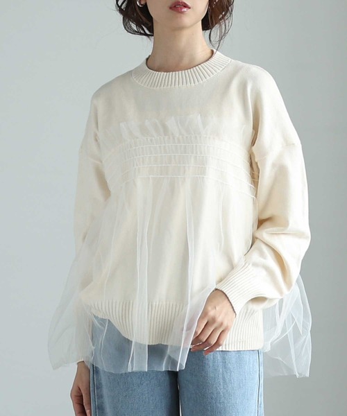 Sawa a la mode(サワアラモード)の「チュールドッキングニットトップス(ニット/セーター・レディース・ベージュ/ブラック/グレー・FREE)」の3枚目の写真