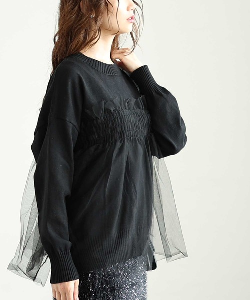 Sawa a la mode(サワアラモード)の「チュールドッキングニットトップス(ニット/セーター・レディース・ベージュ/ブラック/グレー・FREE)」の1枚目の写真