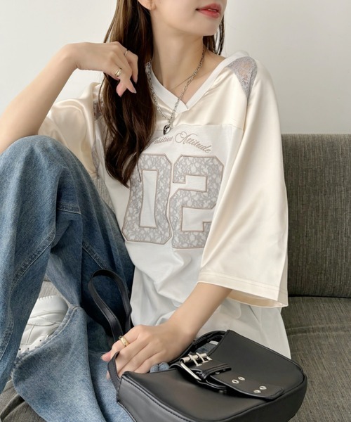 Ada.（エイダ）の「異素材ドッキング レース ナンバリング サテン ゲームシャツ（Tシャツ/カットソー・レディース・ブラック/ネイビー/オフホワイト/レッド/グレー/ピンク・M/S）」の7枚目の写真
