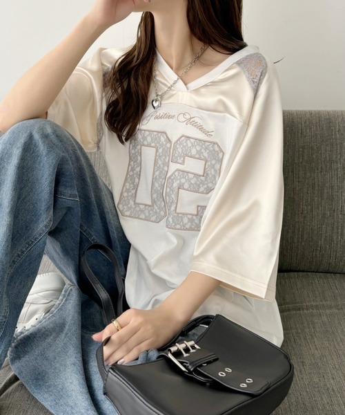 Ada.（エイダ）の「異素材ドッキング レース ナンバリング サテン ゲームシャツ（Tシャツ/カットソー・レディース・ブラック/ネイビー/オフホワイト/レッド/グレー/ピンク・M/S）」の8枚目の写真