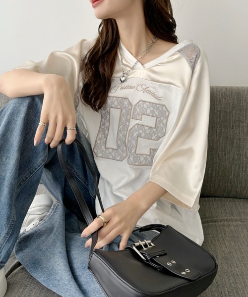 Ada.（エイダ）の「異素材ドッキング レース ナンバリング サテン ゲームシャツ（Tシャツ/カットソー・レディース・ブラック/ネイビー/オフホワイト/レッド/グレー/ピンク・M/S）」の9枚目の写真
