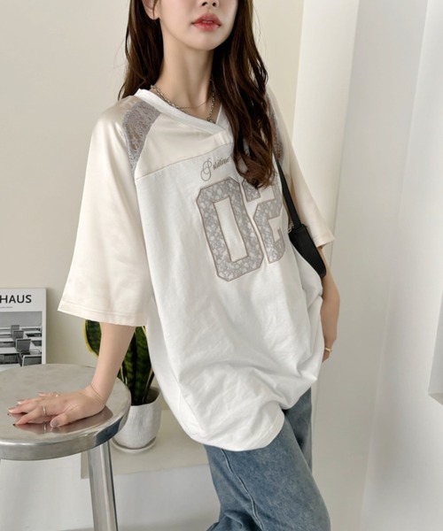 Ada.（エイダ）の「異素材ドッキング レース ナンバリング サテン ゲームシャツ（Tシャツ/カットソー・レディース・ブラック/ネイビー/オフホワイト/レッド/グレー/ピンク・M/S）」の10枚目の写真