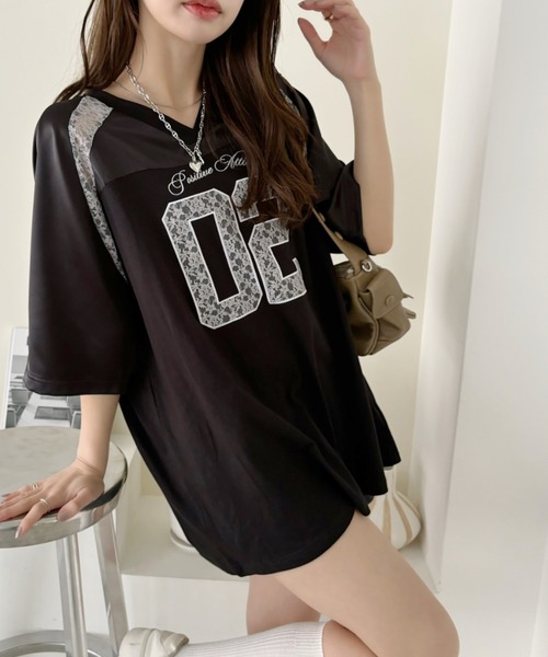 Ada.（エイダ）の「異素材ドッキング レース ナンバリング サテン ゲームシャツ（Tシャツ/カットソー・レディース・ブラック/ネイビー/オフホワイト/レッド/グレー/ピンク・M/S）」の13枚目の写真