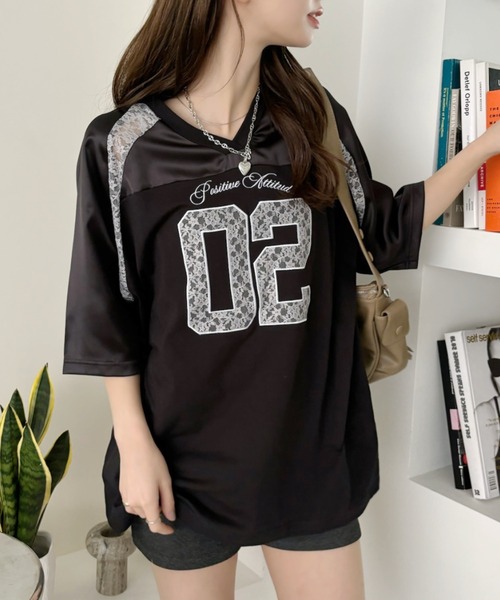 Ada.（エイダ）の「異素材ドッキング レース ナンバリング サテン ゲームシャツ（Tシャツ/カットソー・レディース・ブラック/ネイビー/オフホワイト/レッド/グレー/ピンク・M/S）」の18枚目の写真
