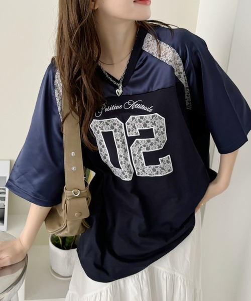 Ada.（エイダ）の「異素材ドッキング レース ナンバリング サテン ゲームシャツ（Tシャツ/カットソー・レディース・ブラック/ネイビー/オフホワイト/レッド/グレー/ピンク・M/S）」の19枚目の写真