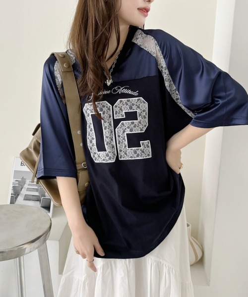 Ada.（エイダ）の「異素材ドッキング レース ナンバリング サテン ゲームシャツ（Tシャツ/カットソー・レディース・ブラック/ネイビー/オフホワイト/レッド/グレー/ピンク・M/S）」の20枚目の写真