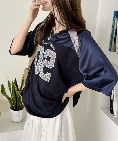 Ada.（エイダ）の「異素材ドッキング レース ナンバリング サテン ゲームシャツ（Tシャツ/カットソー・レディース・ブラック/ネイビー/オフホワイト/レッド/グレー/ピンク・M/S）」の22枚目の写真