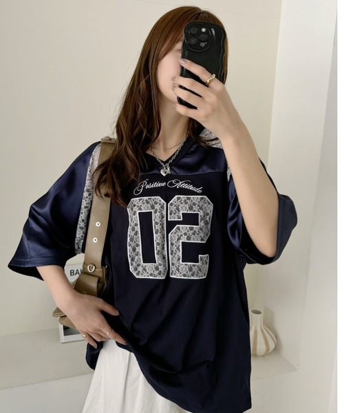 セール】異素材ドッキング レース ナンバリング サテン ゲームシャツ
