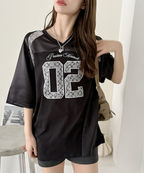 Ada.（エイダ）の「異素材ドッキング レース ナンバリング サテン ゲームシャツ（Tシャツ/カットソー・レディース・ブラック/ネイビー/オフホワイト/レッド/グレー/ピンク・M/S）」の15枚目の写真