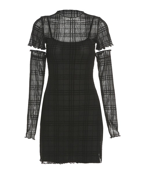 ALLuRing ChaRm（アリュリングチャーム）の「Plaid See-through Mini Dress / シースルーチェック柄ミニワンピース 3点セット（ワンピース・レディース・ブラック・FREE）」の12枚目の写真
