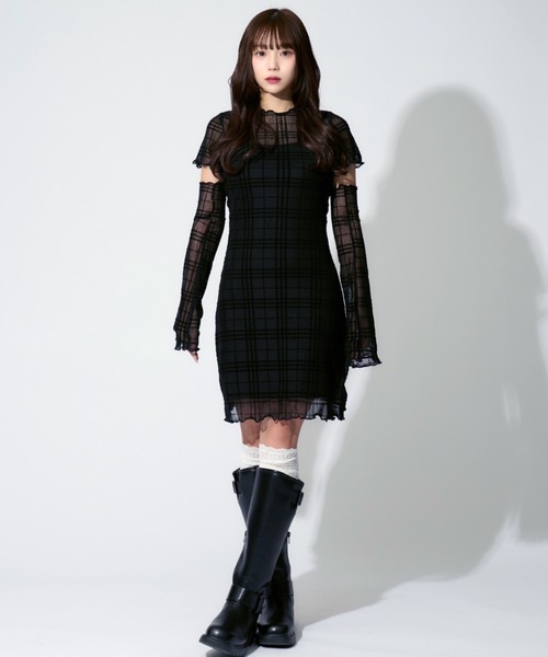 ALLuRing ChaRm（アリュリングチャーム）の「Plaid See-through Mini Dress / シースルーチェック柄ミニワンピース 3点セット（ワンピース・レディース・ブラック・FREE）」の5枚目の写真